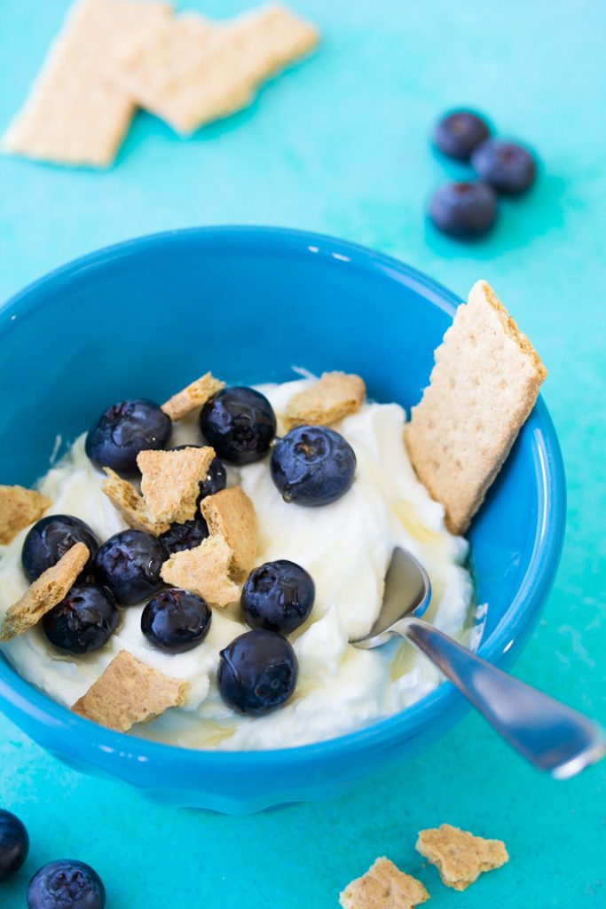 This Greek yogurt bowl with blueberries is a healthy snack or breakfast!